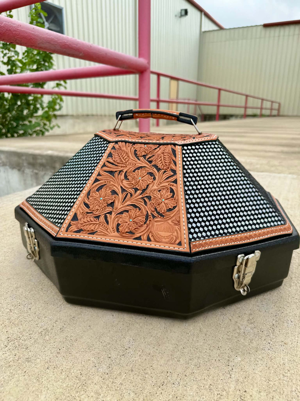 Leather Tooled Hat Can Carrier | Checkered