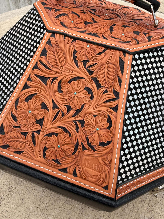Leather Tooled Hat Can Carrier | Checkered