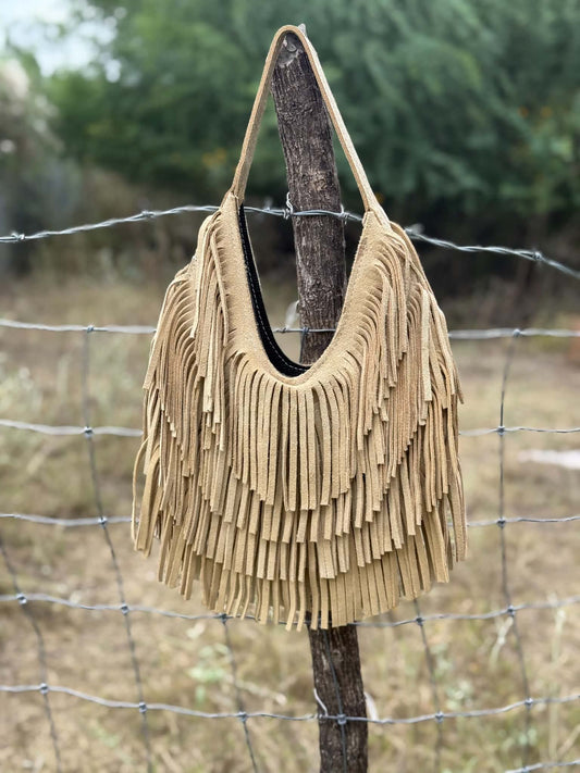 Handmade Suede Fringe Handbag | Rowdy Rag Bag Sand