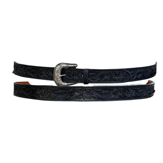 1.5" Straight Floral Tooled Black Belt