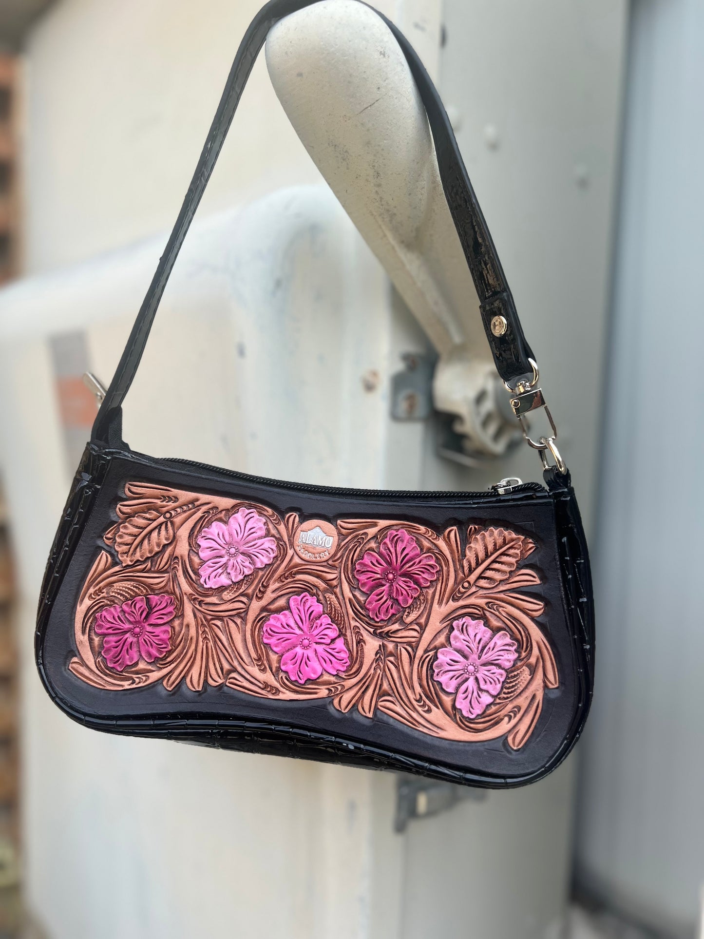 Black croc handbag golden leather patch with Malibu Barbie