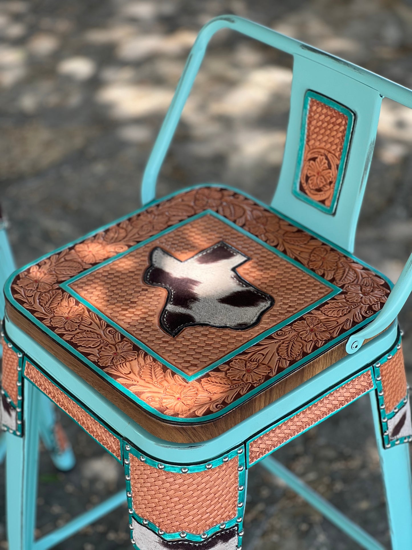 (STOCK!) SET OF 2 26" TURQUOISE SWIVEL BAR STOOLS WITH TEXAS STATE INLAY