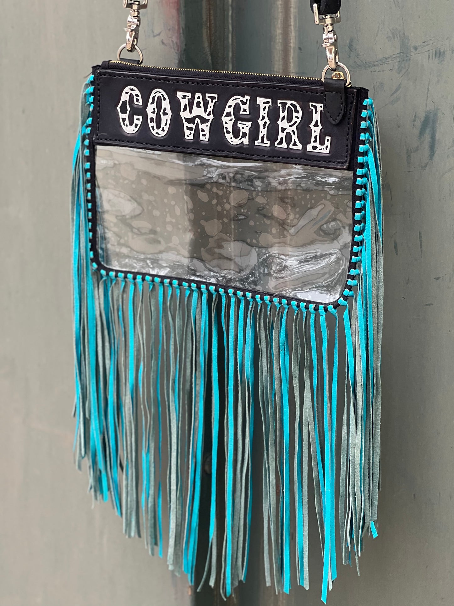 Fringe Clear/Stadium leather tooled bag (WITHOUT strap)