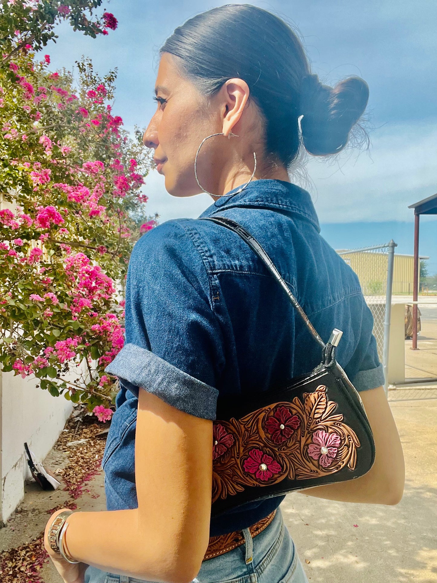 Black croc handbag golden leather patch with Malibu Barbie