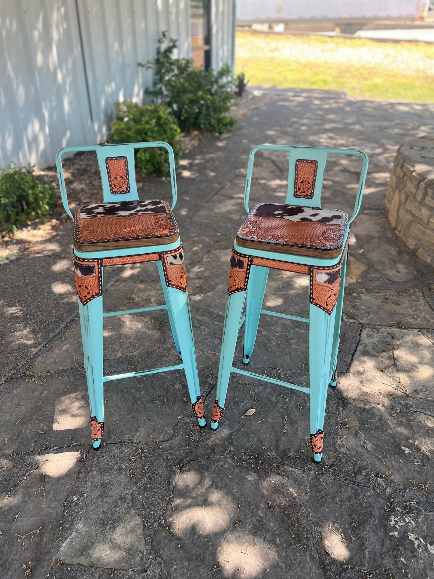 (STOCK!) SET OF 2 26" TURQUOISE SWIVEL  BAR STOOLS WITH COW SUEDE INLAY