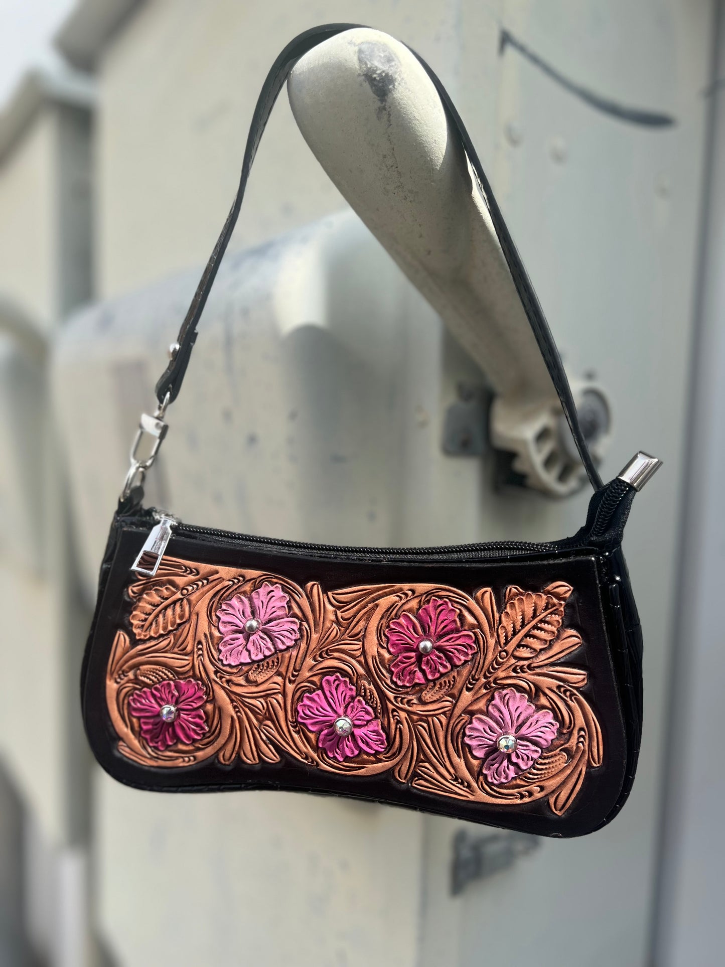 Black croc handbag golden leather patch with Malibu Barbie