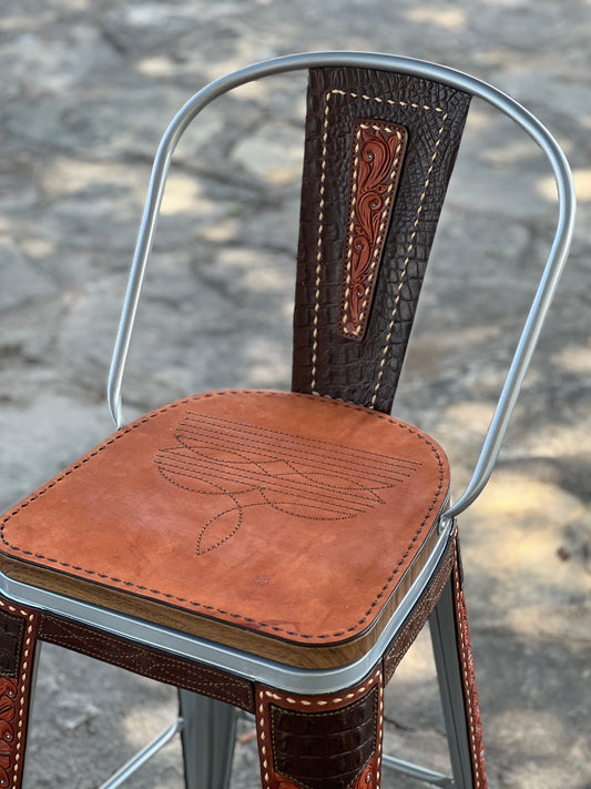 (STOCK SINGLE BAR STOOL) 26" THE CHCOLATE PAISLEY GATOR w/ Tall Back in GUNMETAL