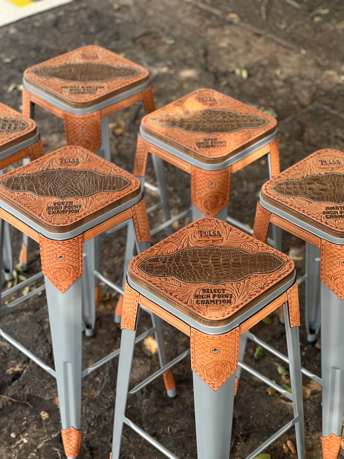 (PRE-ORDER) Set of 2 Bar stools with Brown Gator inlay (with logo and lettering)