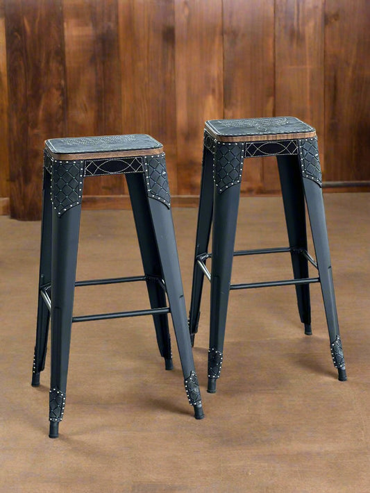 (STOCK) Set of 2 30" Black barstool w/ Black Cowboy stitch
