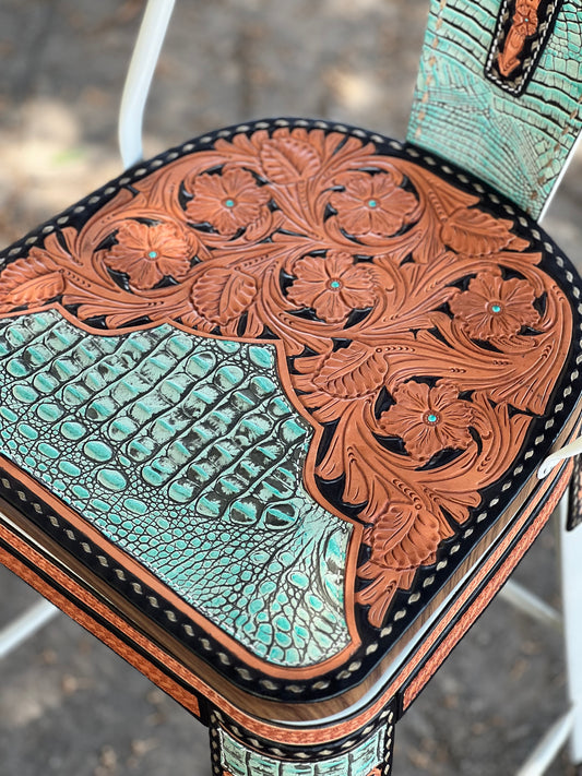 (STOCK- SINGLE BAR STOOL) 30" THE TURQUOISE GATOR w/ Tall Back in WHITE