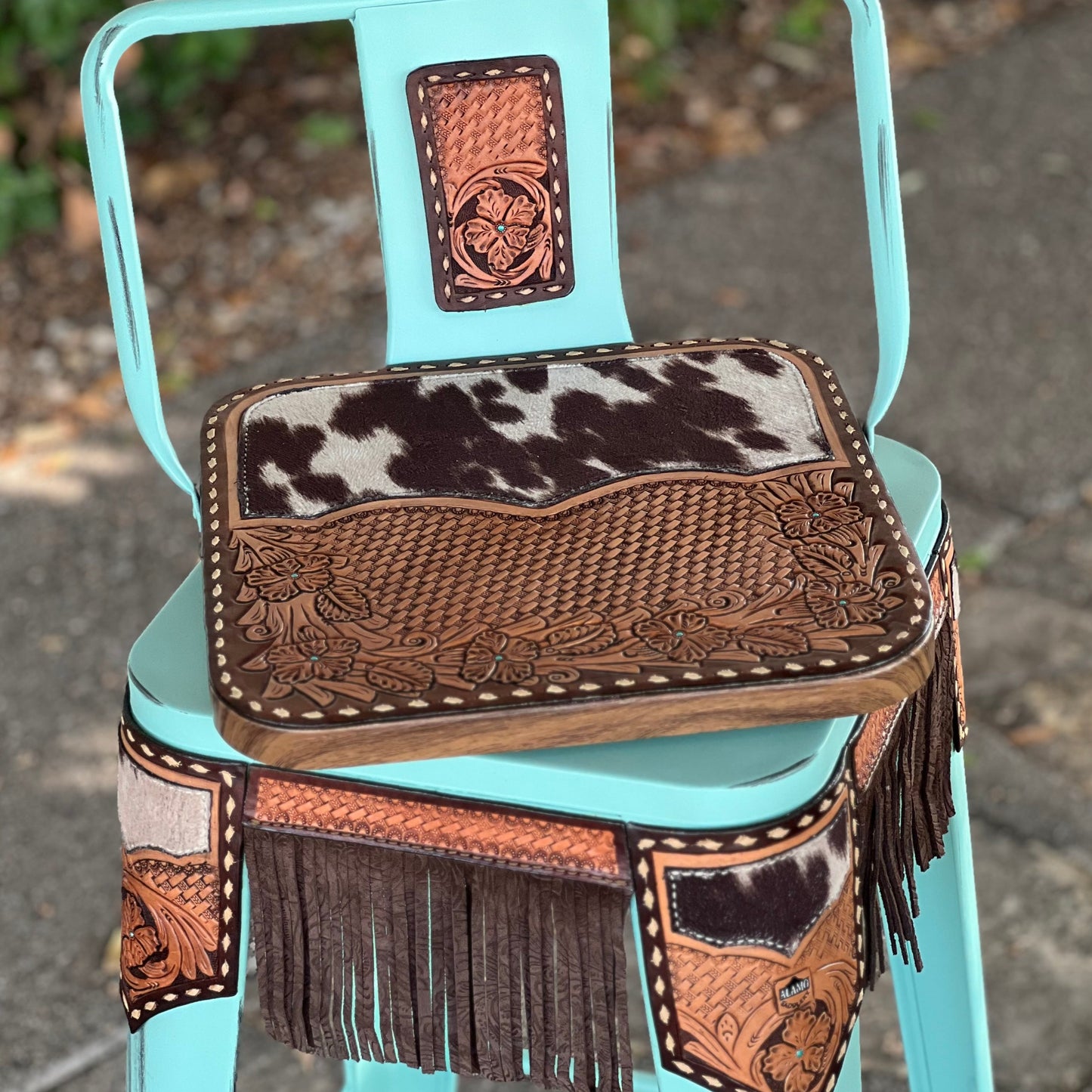 (STOCK!) SET OF 2 30" TURQUOISE SWIVEL BAR STOOLS WITH COW SUEDE & FRINGE INLAY