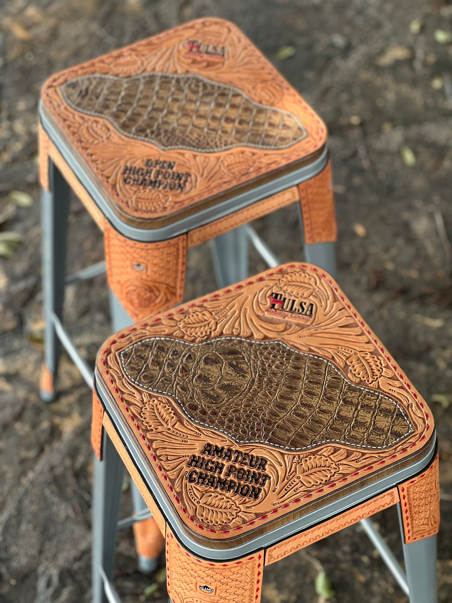 (PRE-ORDER) Set of 2 Bar stools with Brown Gator inlay (with logo and lettering)
