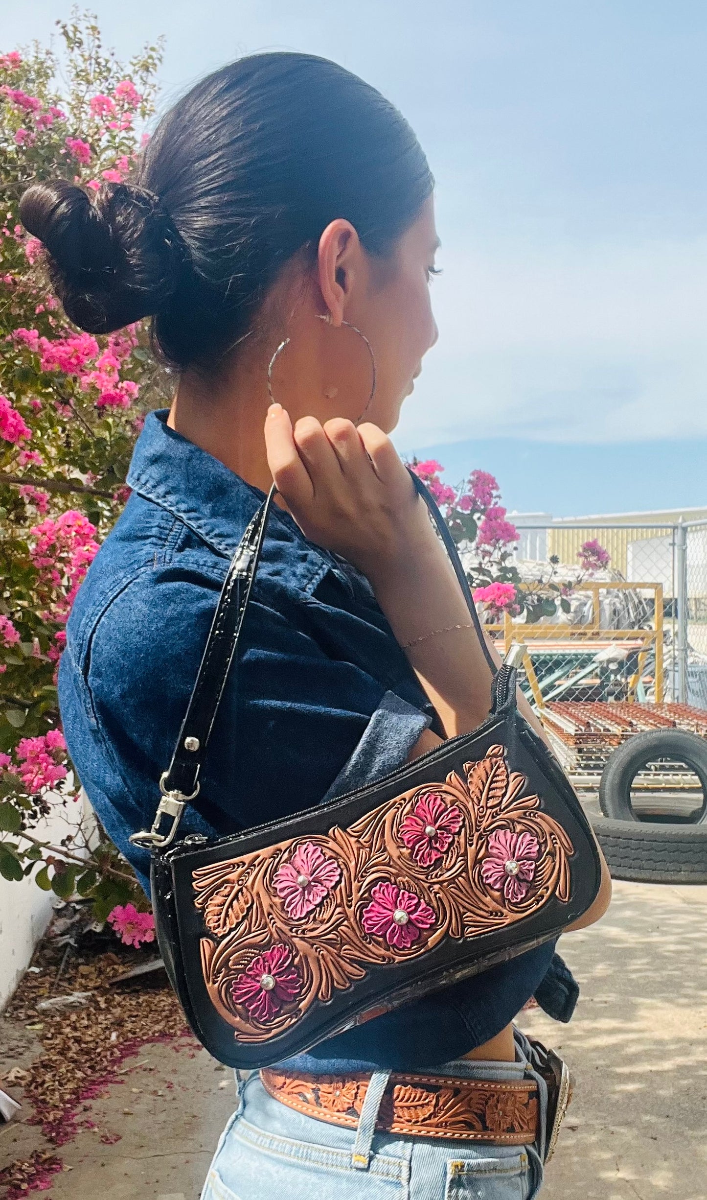Black croc handbag golden leather patch with Malibu Barbie