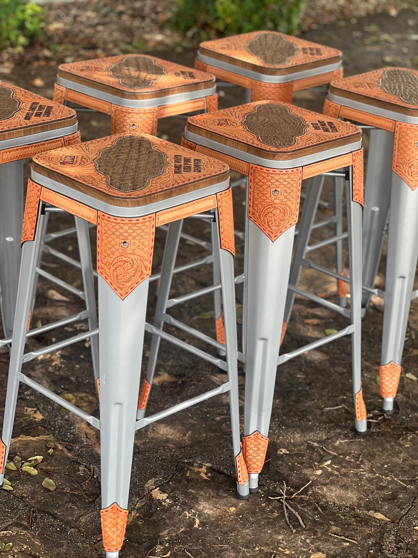 (PRE-ORDER) Set of 2 Bar stools with Brown Gator inlay (with logo and lettering)