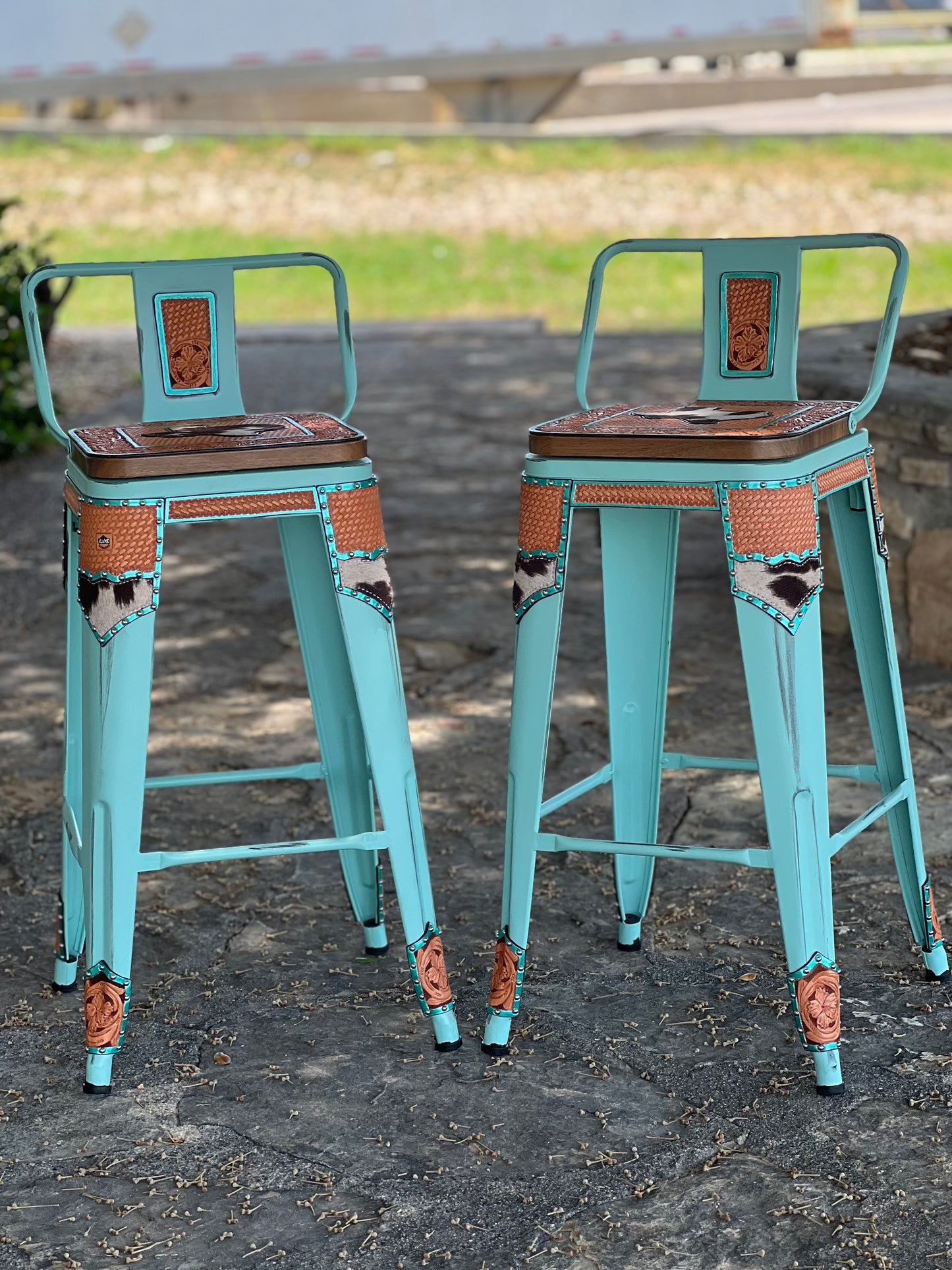 (PER-ORDER!) SET OF 2 TURQUOISE SWIVEL BAR STOOLS WITH STATE INLAY