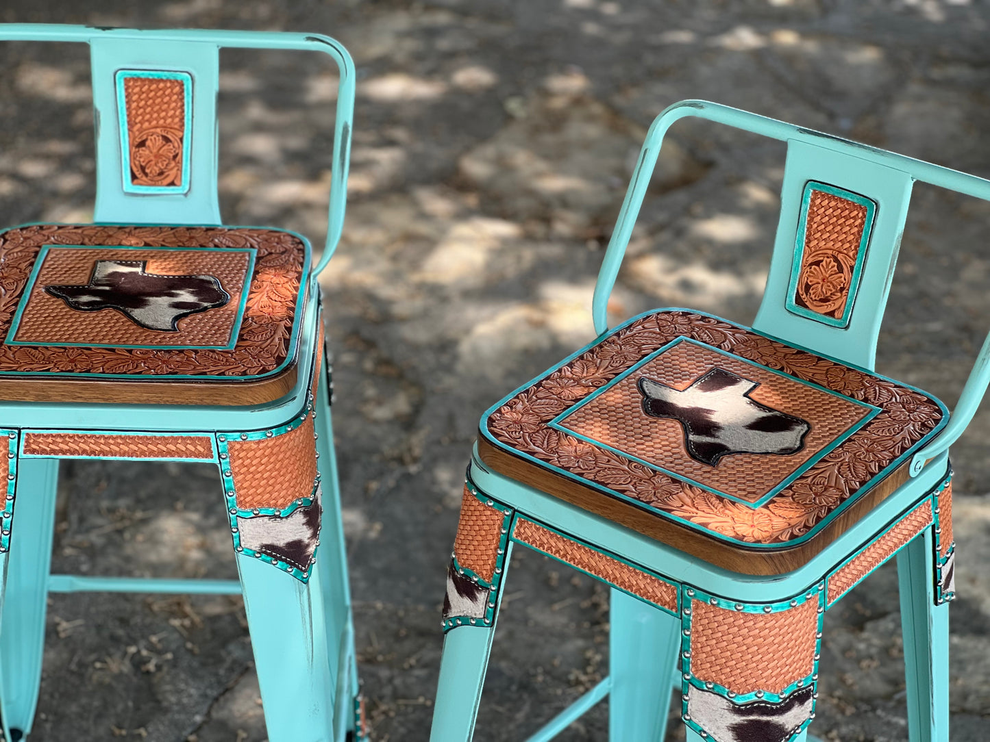 (PER-ORDER!) SET OF 2 TURQUOISE SWIVEL BAR STOOLS WITH STATE INLAY