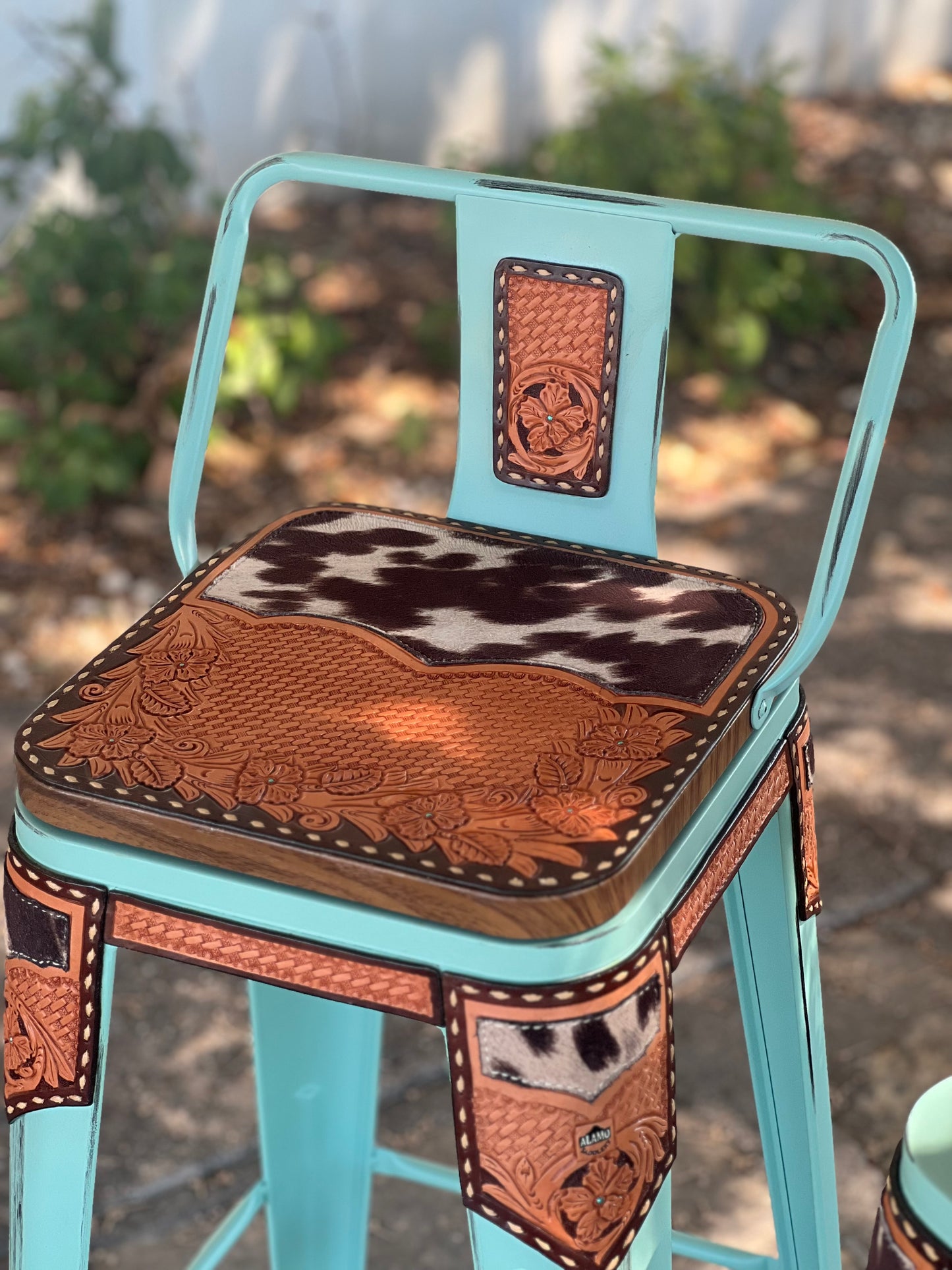 (STOCK!) SET OF 2 TURQUOISE SWIVEL BAR STOOLS WITH COW SUEDE INLAY