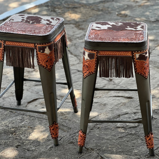 (PRE-ORDER!) COW SUEDE & FRINGE INLAY Barstools w/ No back