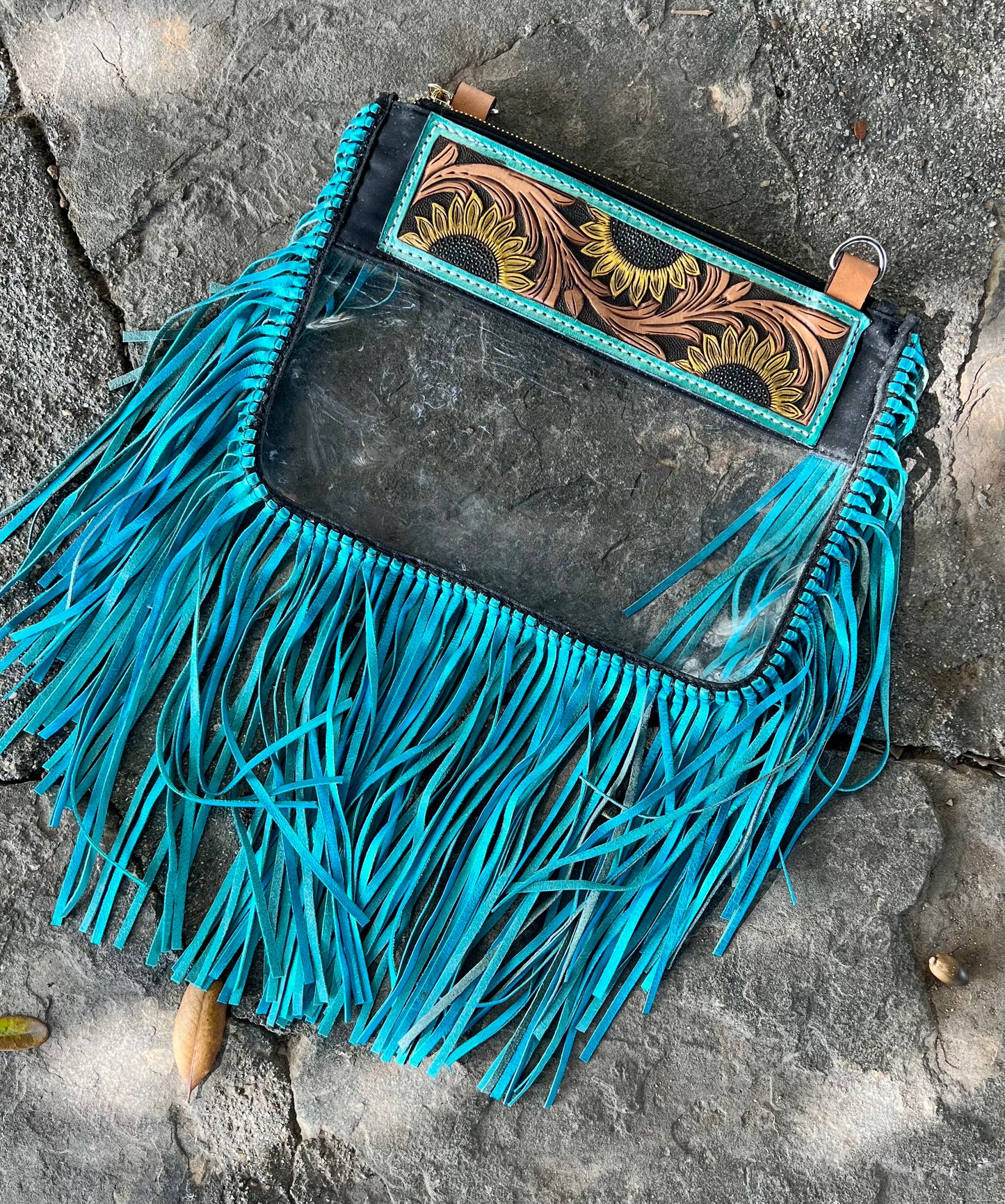 Fringe Clear/Stadium leather tooled bag (WITHOUT strap)