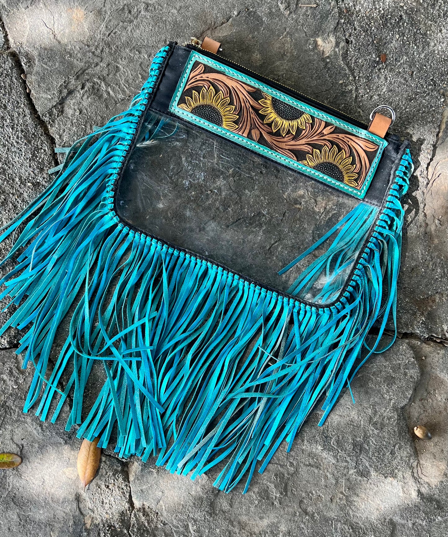 Fringe Clear/Stadium  leather tooled bag (WITHOUT strap)