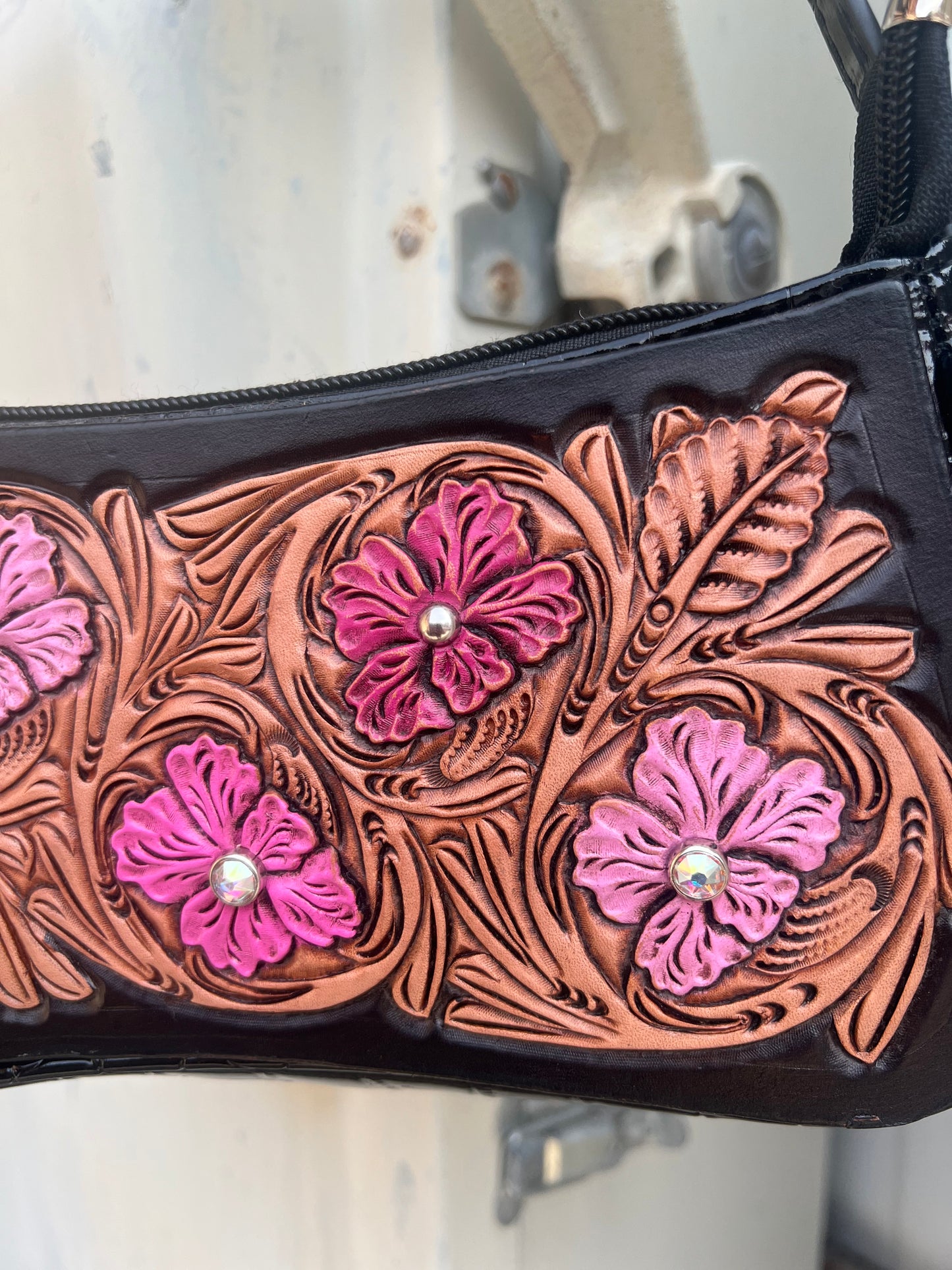 Black croc handbag golden leather patch with Malibu Barbie