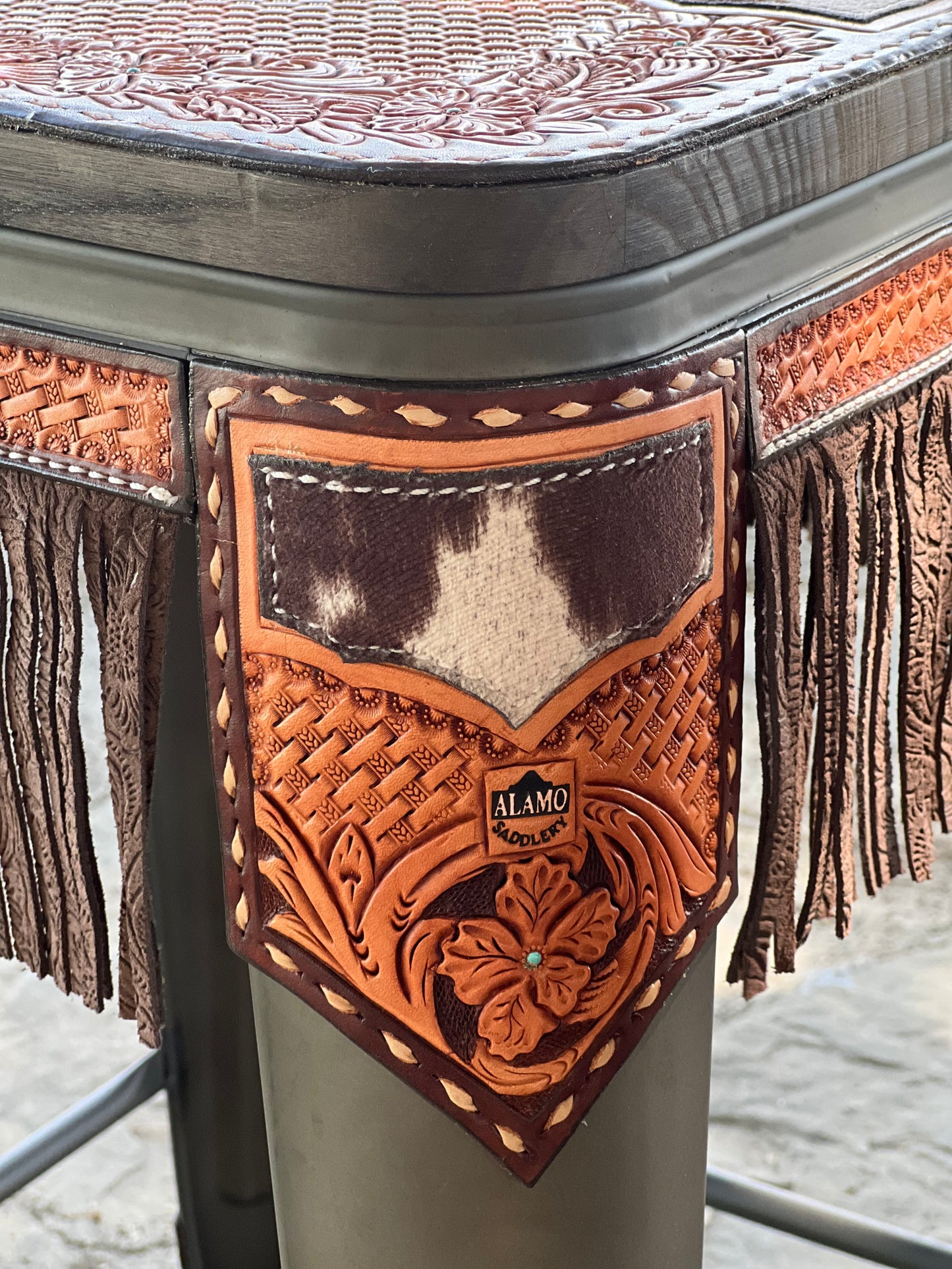 (PRE-ORDER!) SET OF 2 24" GUNMETAL BAR STOOLS WITH COW SUEDE & FRINGE INLAY