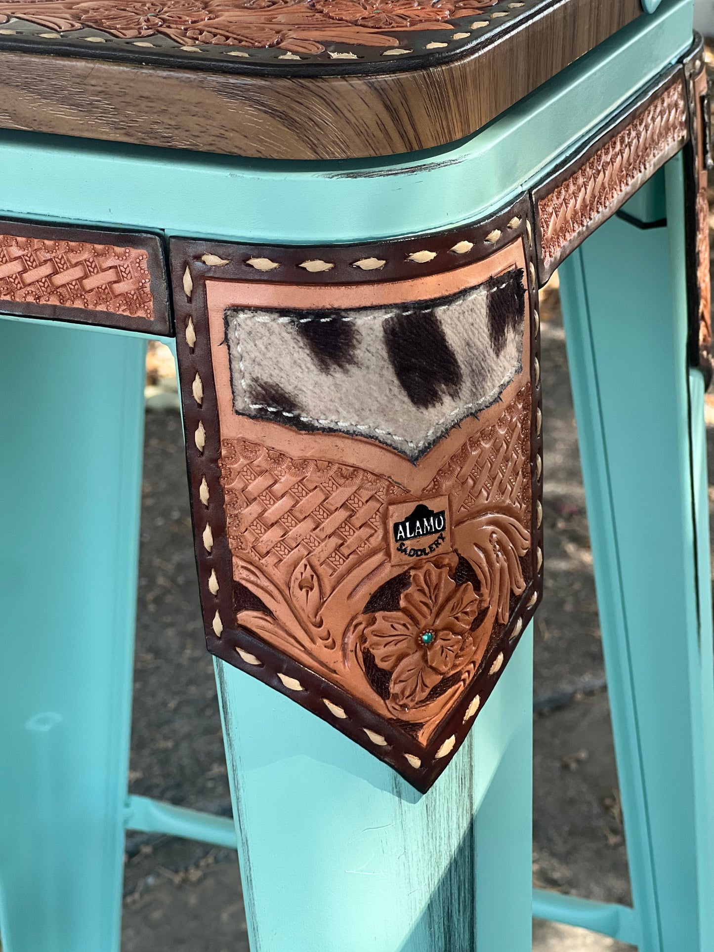 (STOCK!) SET OF 2 TURQUOISE SWIVEL BAR STOOLS WITH COW SUEDE INLAY