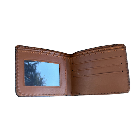 Bi-fold wallet rough out chocolate leather with buckstitch