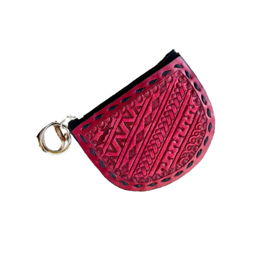 Black leather tooled keychains Coin bag