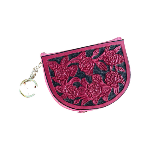 Pink leather tooled keychains Coin bag