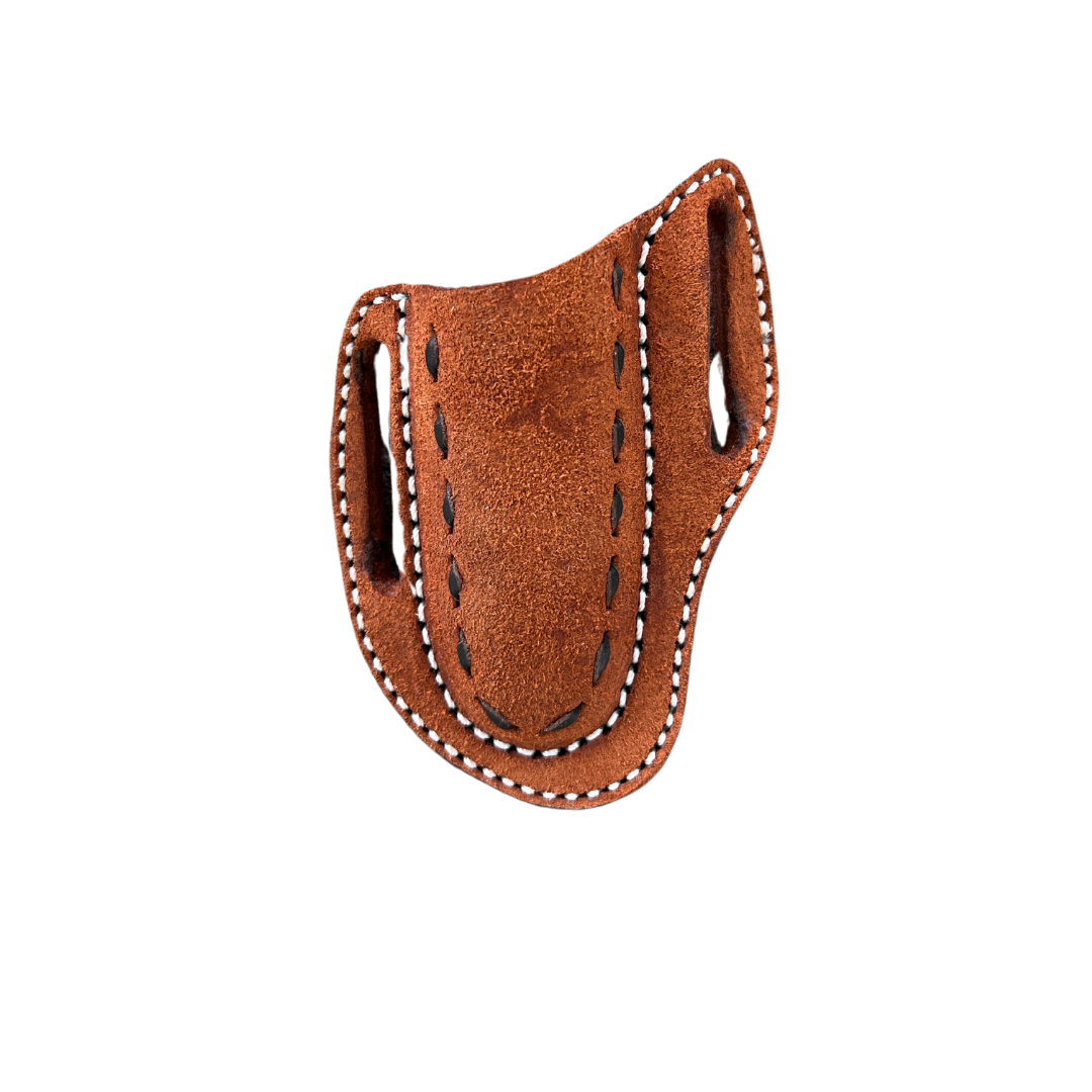 Pancake knife sheath rough out leather with buckstitch- Toast