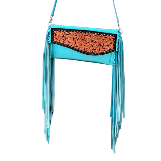 Fringe Clutch- Turquoise Metallic