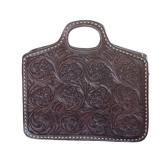 Traveling Cowboy chocolate leather wild rose tooling with buckstitch