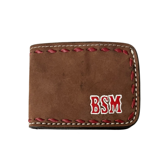 Bi-fold wallet rough out chocolate leather with maroon buckstitch
