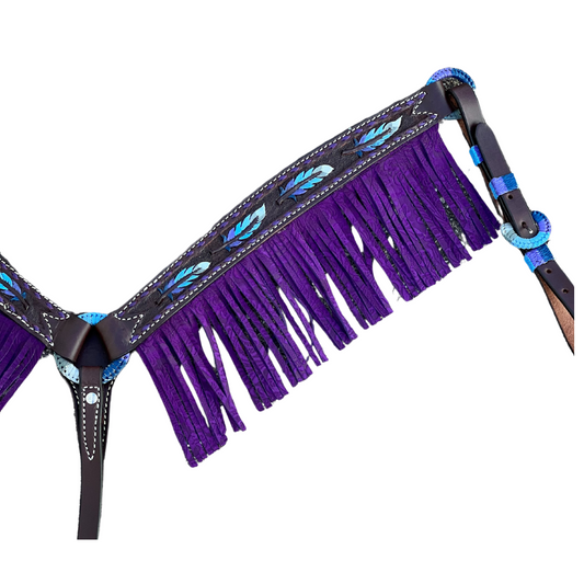 3F23-FEATHER 1-3/4" Contour breast collar chocolate leather multicolored tooled with purple buckstitch & Fringe & Spanish lace hardware