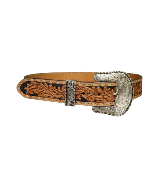 This is our STRAIGHT golden leather belt with black painted background and acorn tooling. It has single buckstitching around the border. It comes with a silver buckle and silver loop.