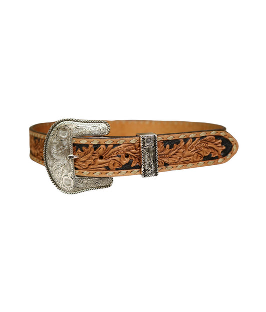 This is our STRAIGHT golden leather belt with black painted background and acorn tooling. It has single buckstitching around the border. It comes with a silver buckle and silver loop.