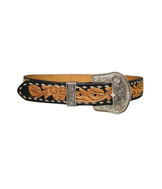 This is our STRAIGHT golden leather belt with fully black painted background and wild rose tooling. It has single buckstitching around the border. It comes with a silver belt buckle and silver belt loop.