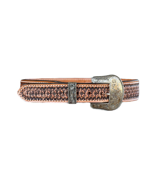 This is our TAPERED golden leather belt with waffle tooling and an antique finish. It comes with a silver belt buckle and silver belt loop.