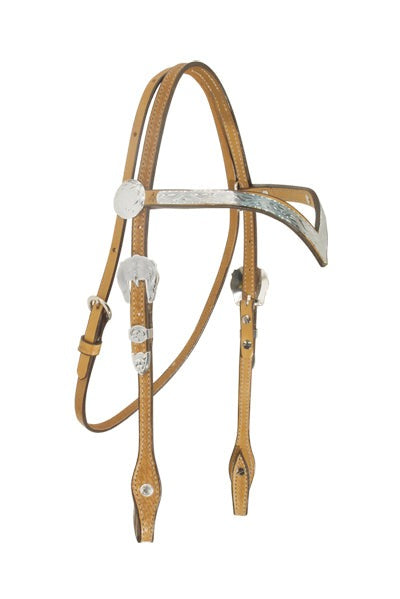 2019-KS V-browband golden or toast leather headstall basket tooled with silver hardware