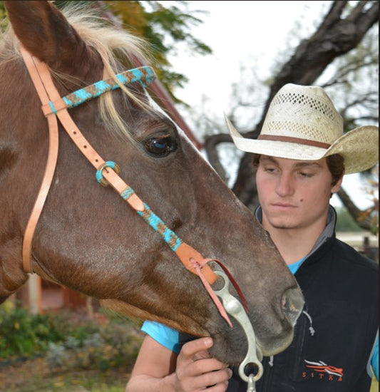 2030-TN 1/2" Straight browband headstall harness leather teal and rawhide braiding, Spanish lace hardware, braided loops, and tassel