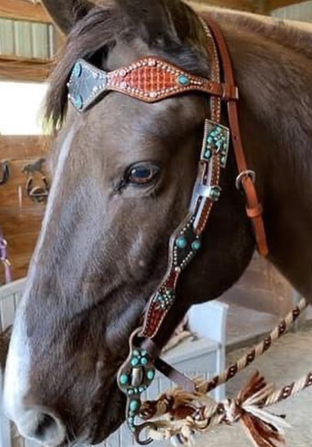 2046-GE 2-1/2" Diamond browband headstall golden leather geo tooled graphite elephant overlay with stones, crystals, and spots