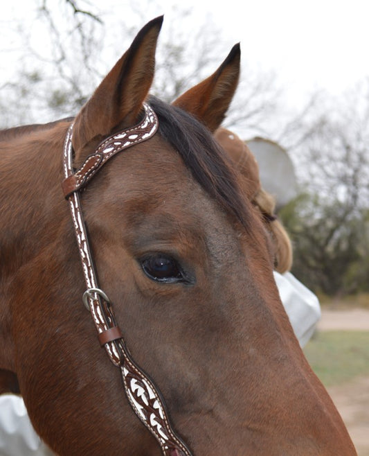 2074-CW 5/8" Wave one ear headstall chocolate leather vine tooling with background paint