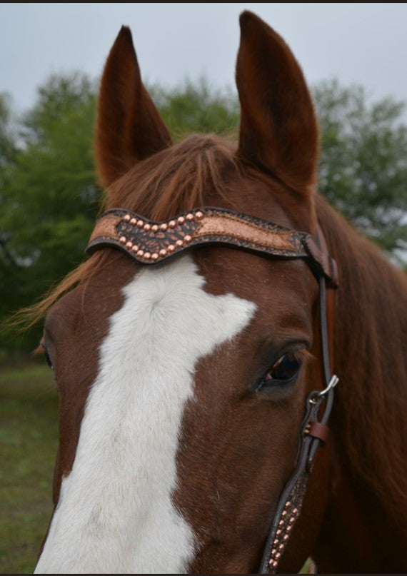 2217-CA 1-1/2" Wave browband headstall toast leather antique elephant and copper crackle overlay with spots