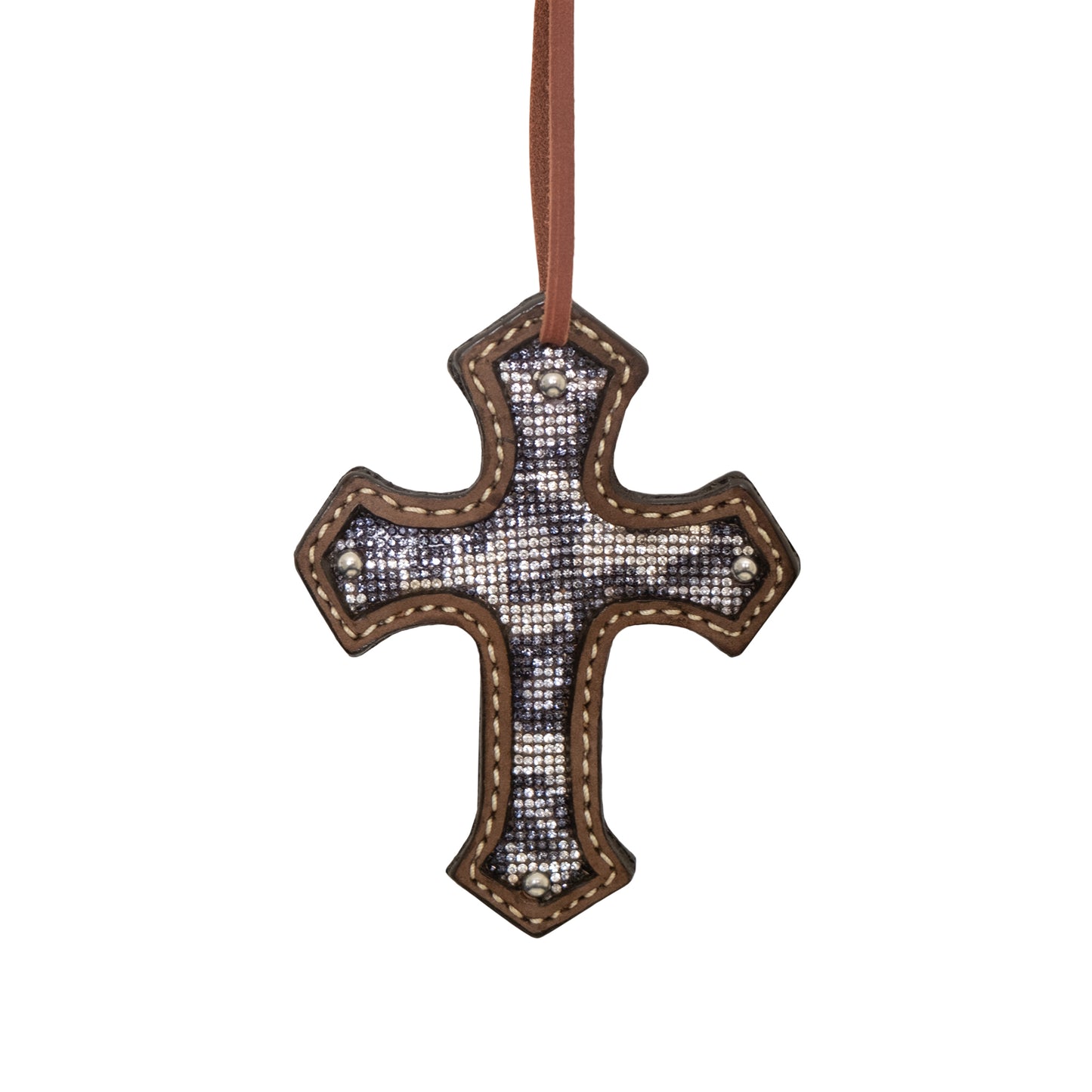 Cross rough out chocolate leather black cheetah inlay.