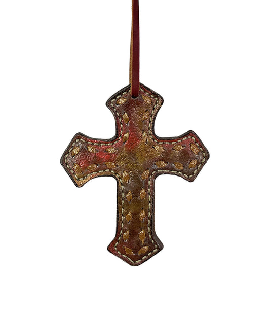 Cross vintage metallic rose dust overlay with copper buckstitch.