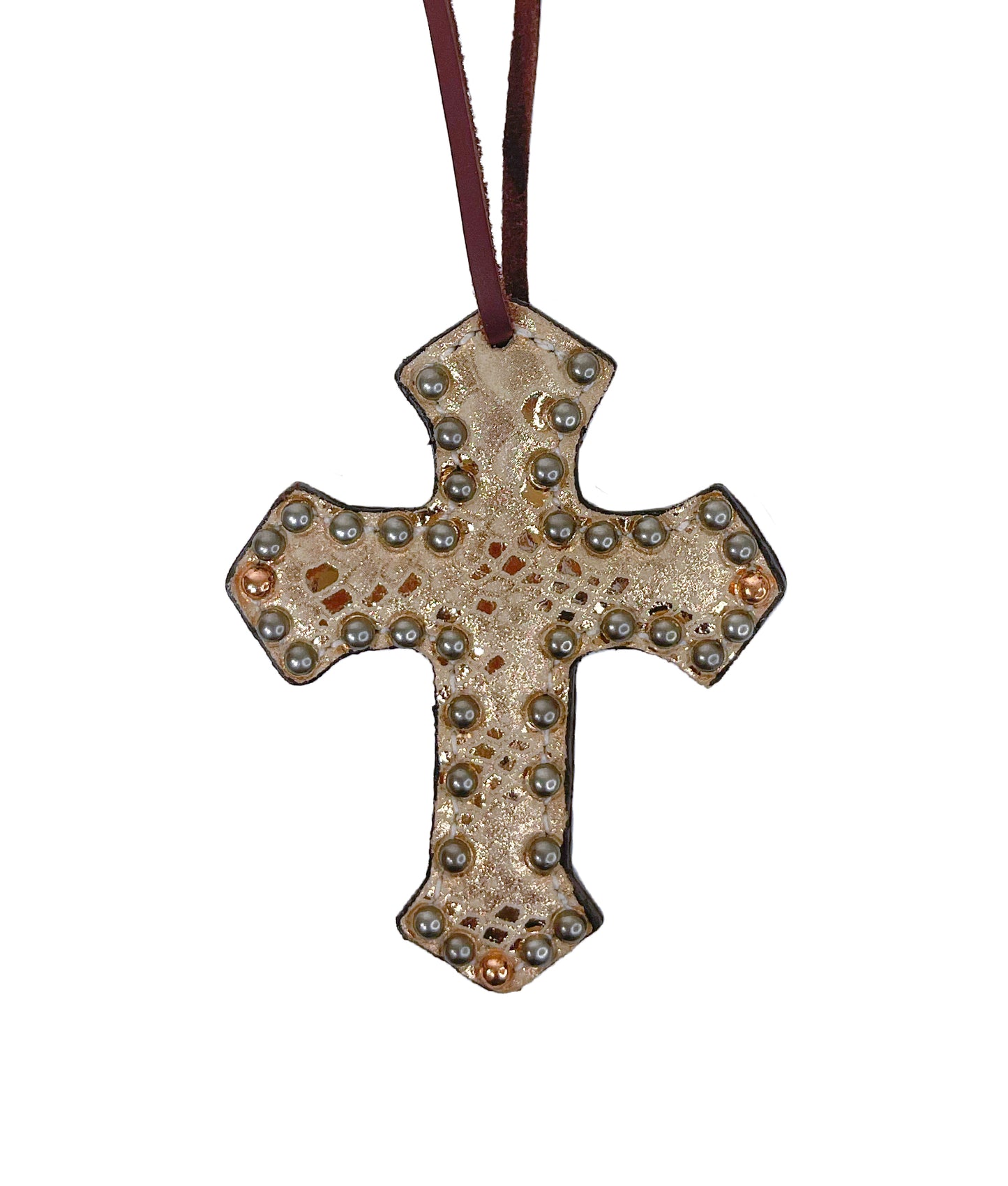 Cross chocolate leather mystic overlay with pewter and copper spots.