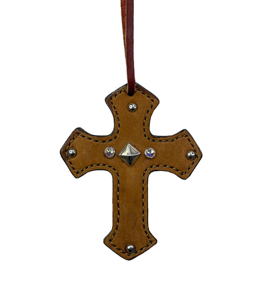 Cross rough out toast leather with an SS pyramid spot, Swarovski crystals, and SS spots.