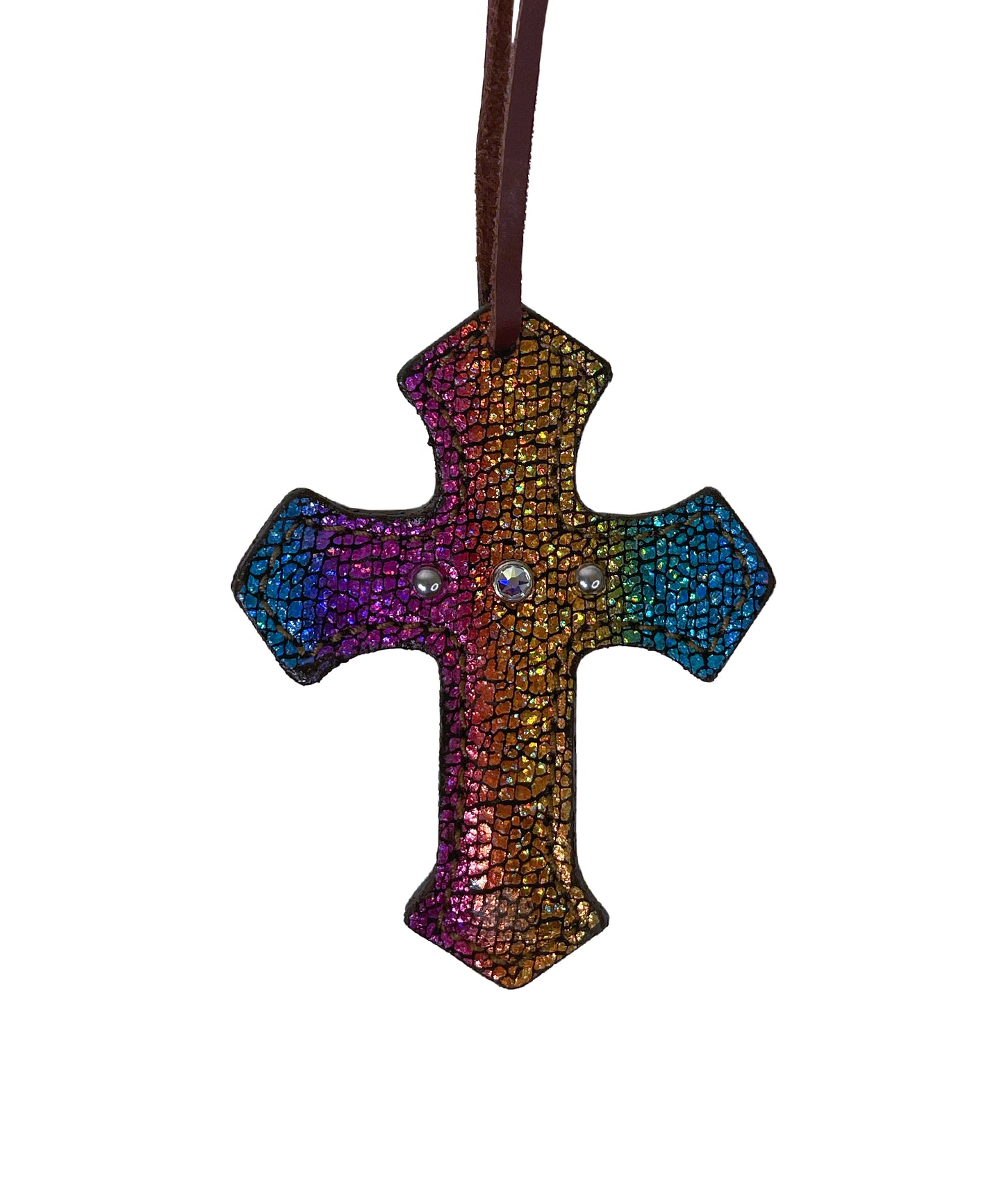 Cross toast leather unicorn overlay with Swarovski crystals and SS spots.