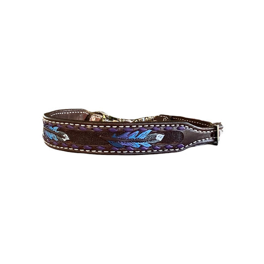 200-FEATHER Wither strap chocolate leather multicolored feather tooled with buckstitch
